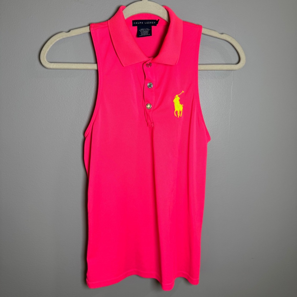 Ralph Lauren Womens Neon Pink Sleeveless Big Pony Racerback Polo Shirt Small S